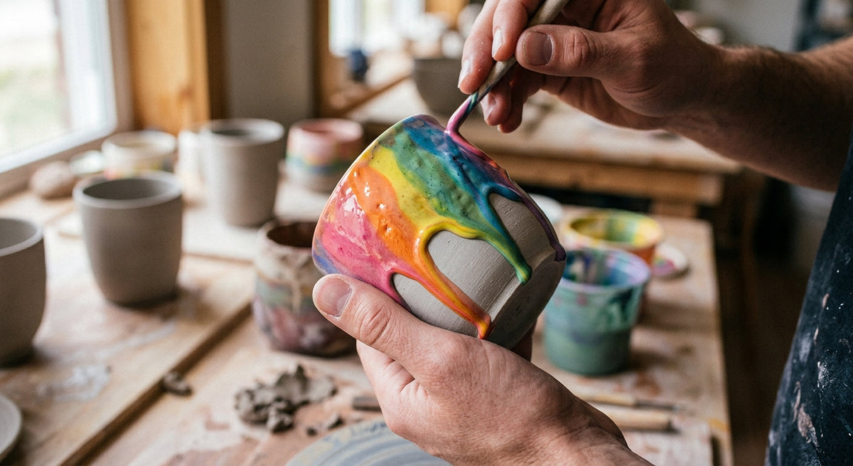 Bunte Keramikobjekte mit Regenbogen-Glasur im Atelier von Brian Giniewski