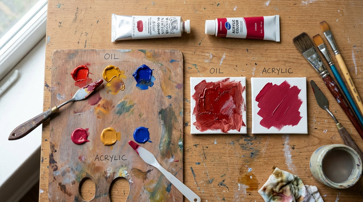 Confronto tra tubetti di colori a olio e acrilici con tavolozza