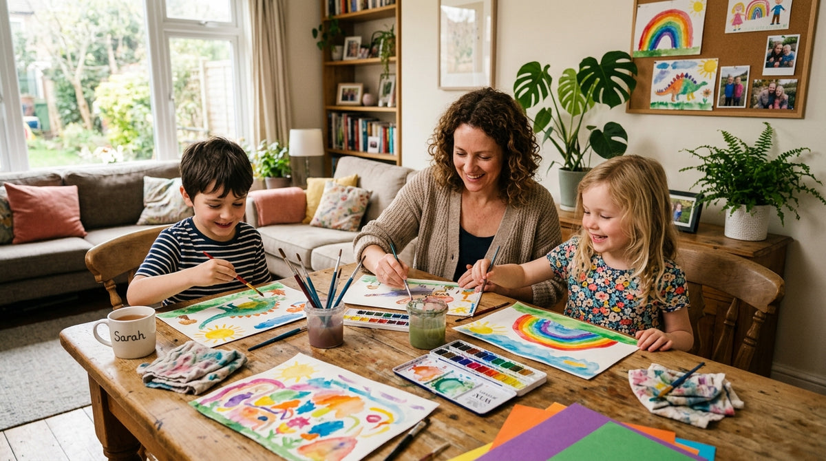 Famiglia che dipinge insieme a casa con acquerelli