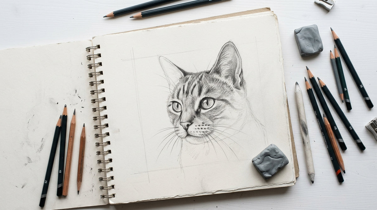 Sketchbook con disegno di gatto a matita in corso