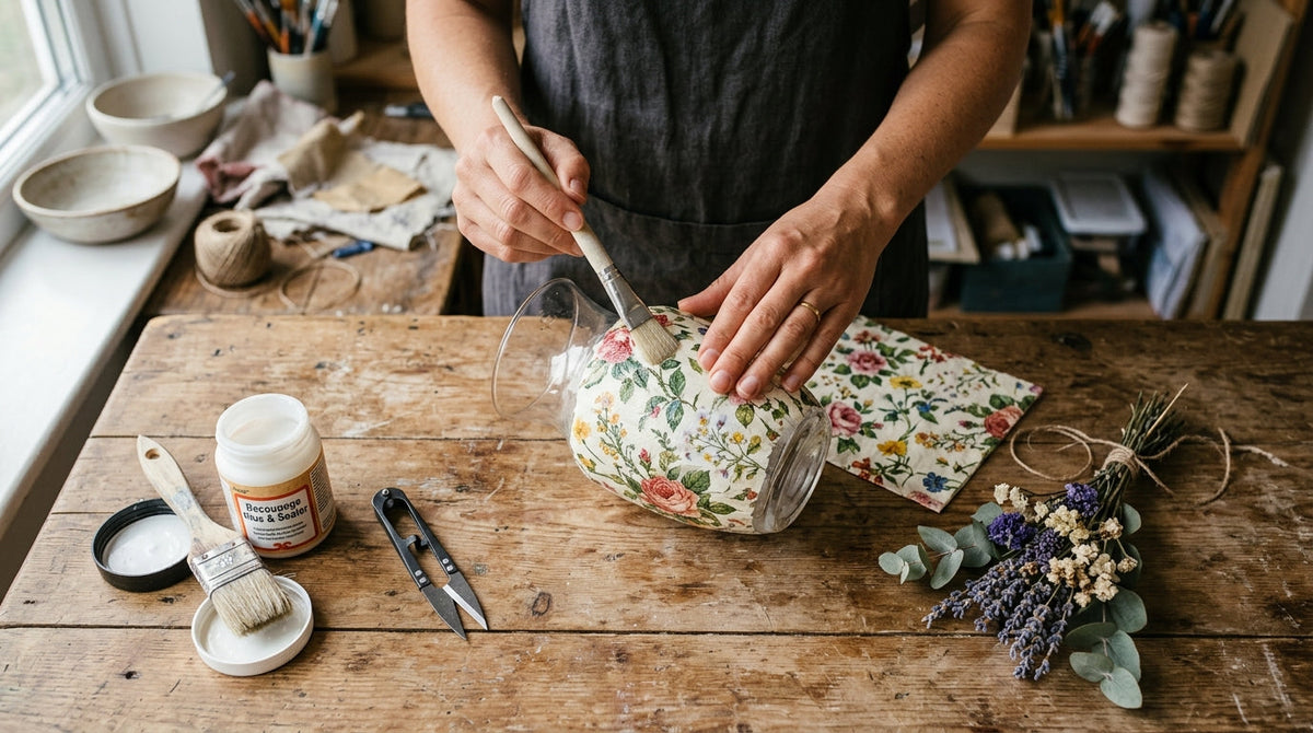 Serviettentechnik auf Glas: Vase mit Blumenmotiv dekoriert
