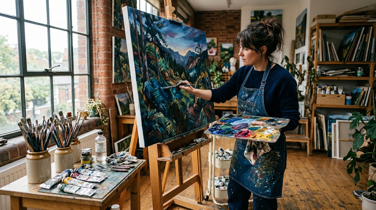 Artista al lavoro su una tela in uno studio professionale