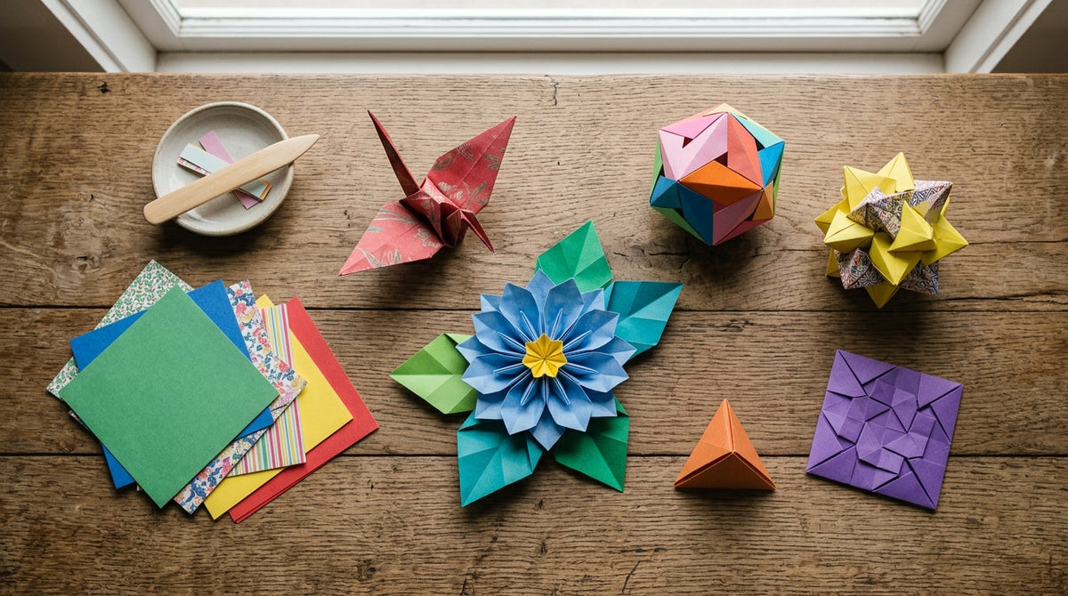 Bunte Origami-Papierfiguren auf einem Holztisch