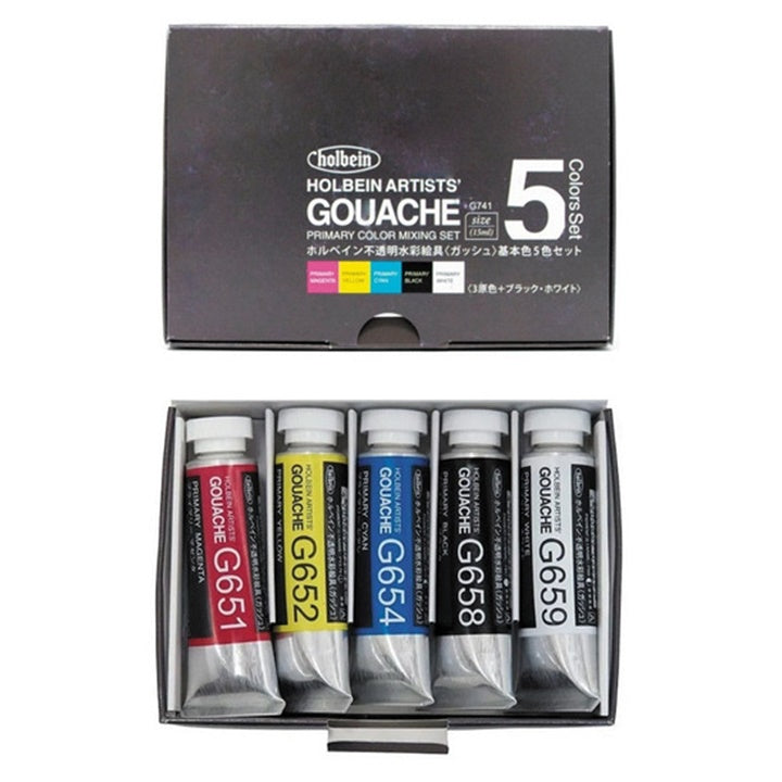 Profesionálne gvašové farby Holbein Artists - základná sada 5 x 15 ml — obrázok 1