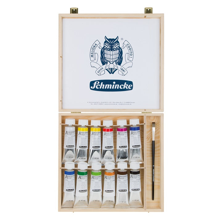Sada akrylových farieb a štetca v drevenom boxe Schmincke AKADEMIE 12 x 60 ml