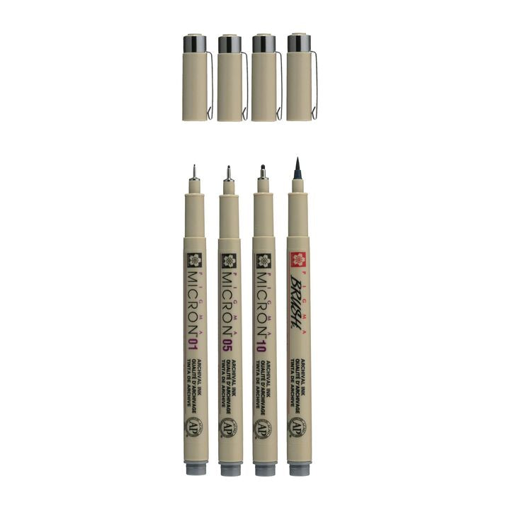 Sada technických pier Sakura Pigma Micron 3 fineliners a brush pen — obrázok 2