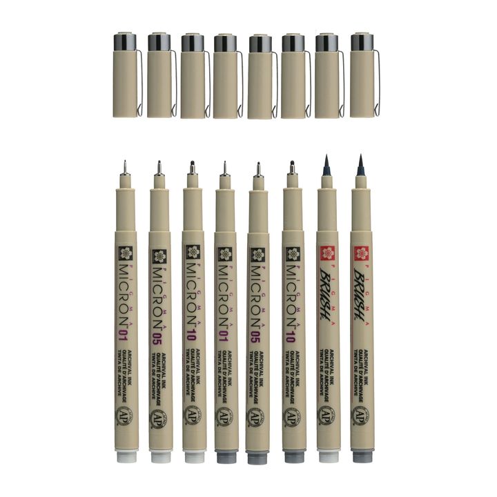 Sada technických pier Sakura Pigma Micron sivé odtiene 8 ks — obrázok 2