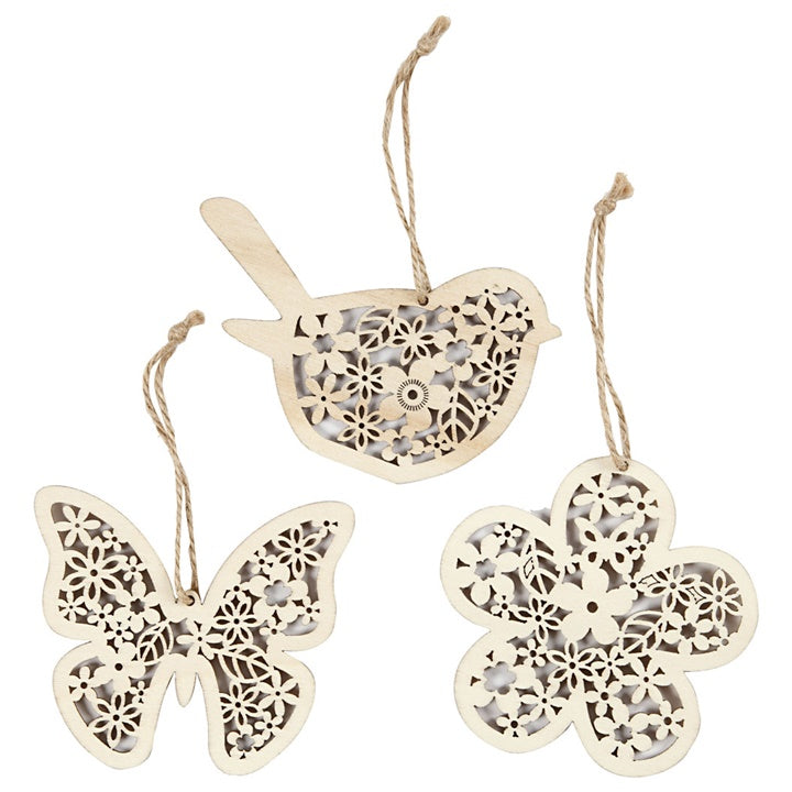Závesné drevené ornamenty so šnúrkou - 3 ks