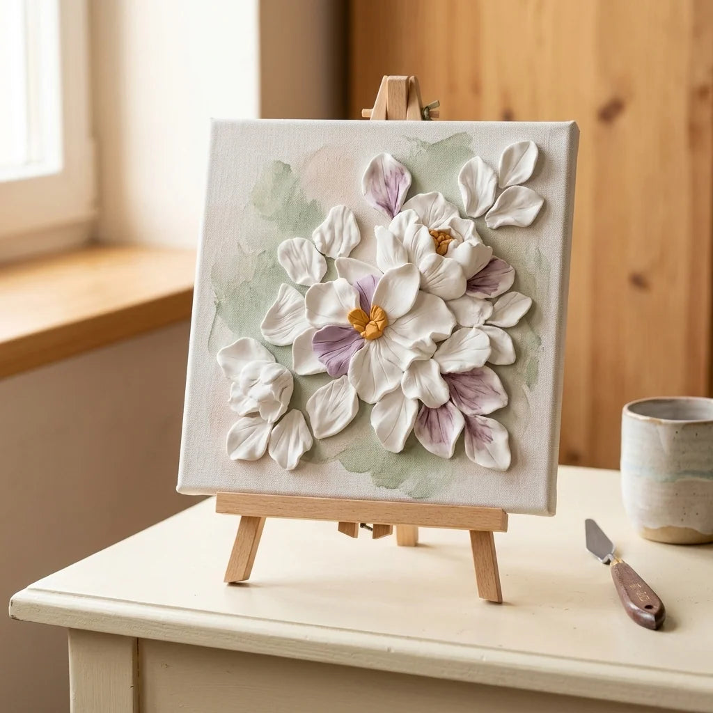 Kvety vymodelované z Cloudy Clay prilepené na plátno — 3D reliéfny obraz