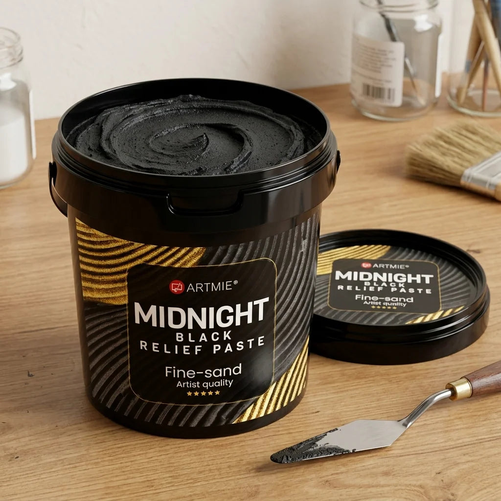 Otvorené balenie ARTMIE Midnight — viditeľná čierna piesková pasta vo vnútri
