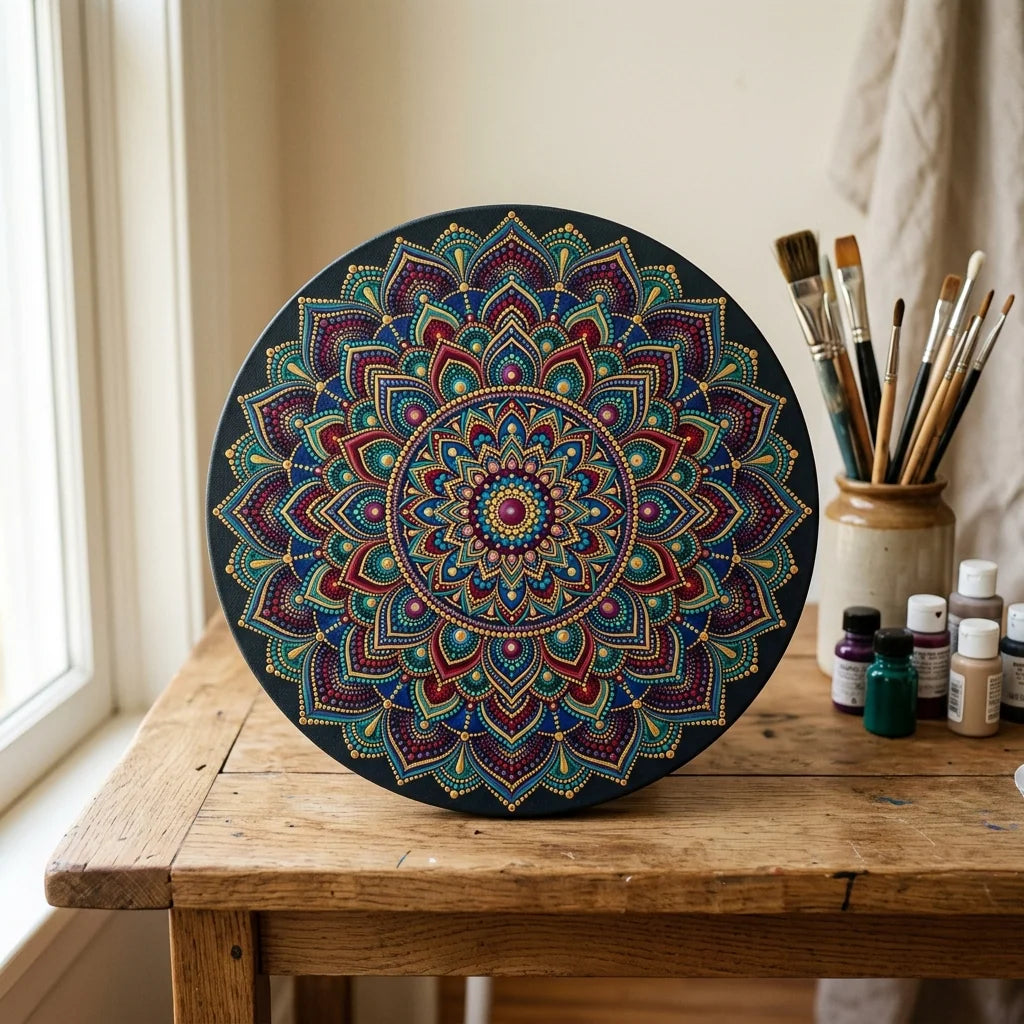 Mandala namaľovaná na okrúhlom maliarskom plátne ARTMiE